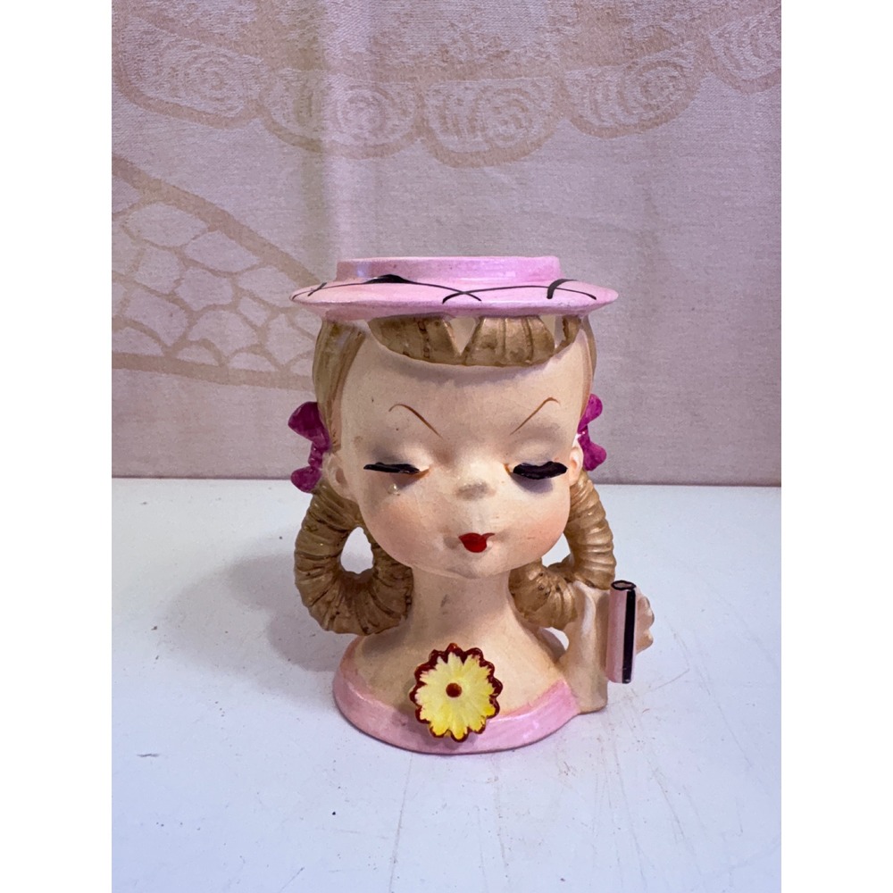 Vintage Ceramic Girl Head Vase Pink Hat Braids Mid Century Planter Kitsch 50s